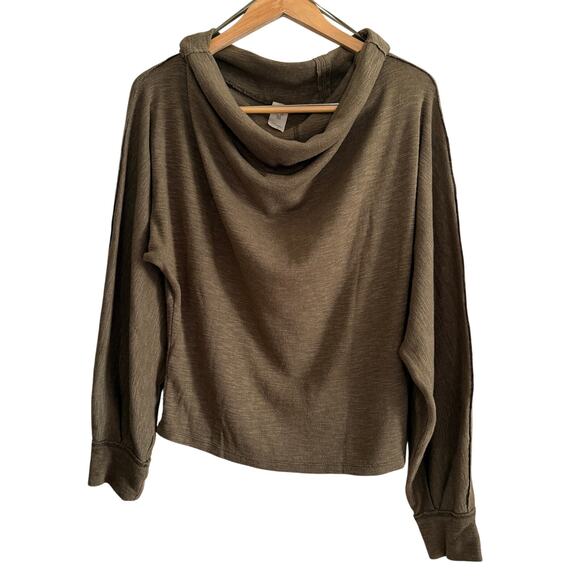 FREE PEOPLE | We the Free Olive Ribbed Slub Knit Cowl Neck Tee Blouson Sleeves - Picture 1 of 6